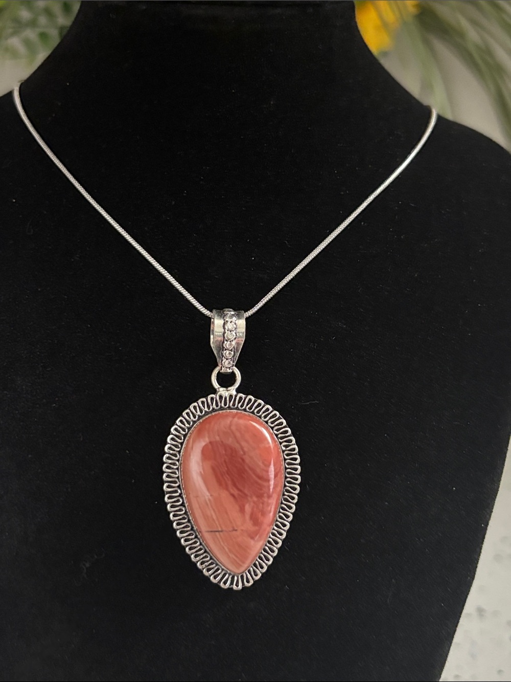 Sterling Silver Red Rainbow Jasper Teardrop Gemstone Pendant Necklace